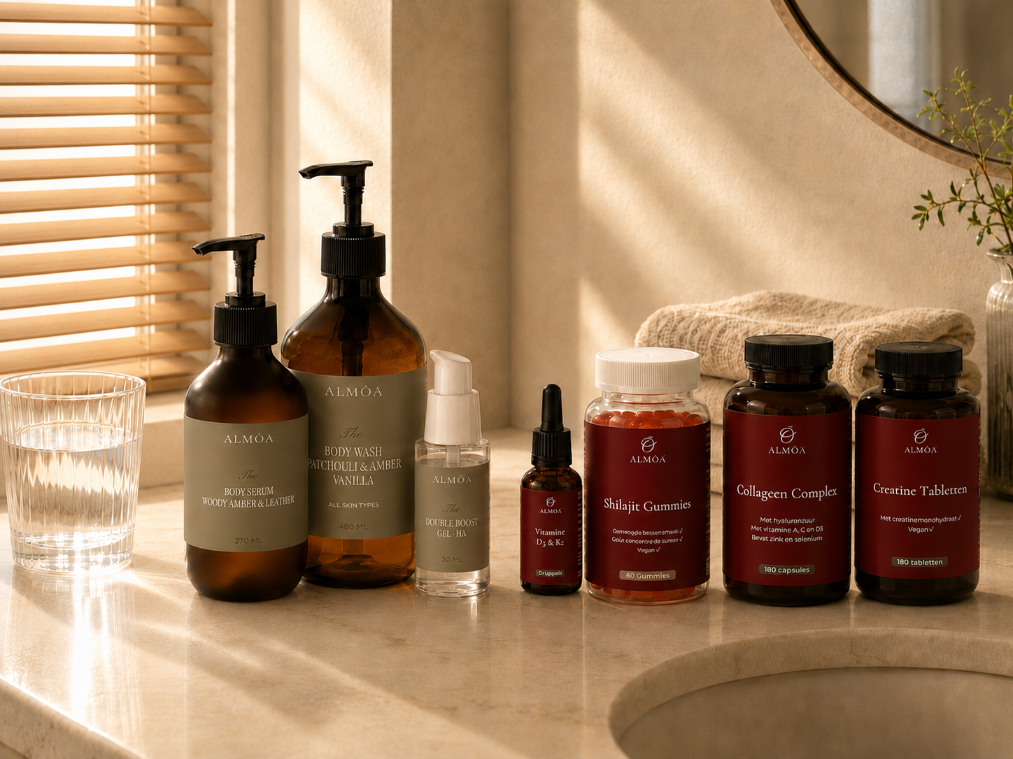 ALMŌA ochtendroutine met body care, skin care en supplementen